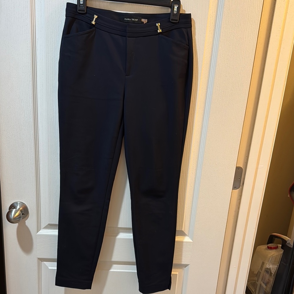 Ivanka Trump Navy Skinny Ponte Pants with Gold Hardware